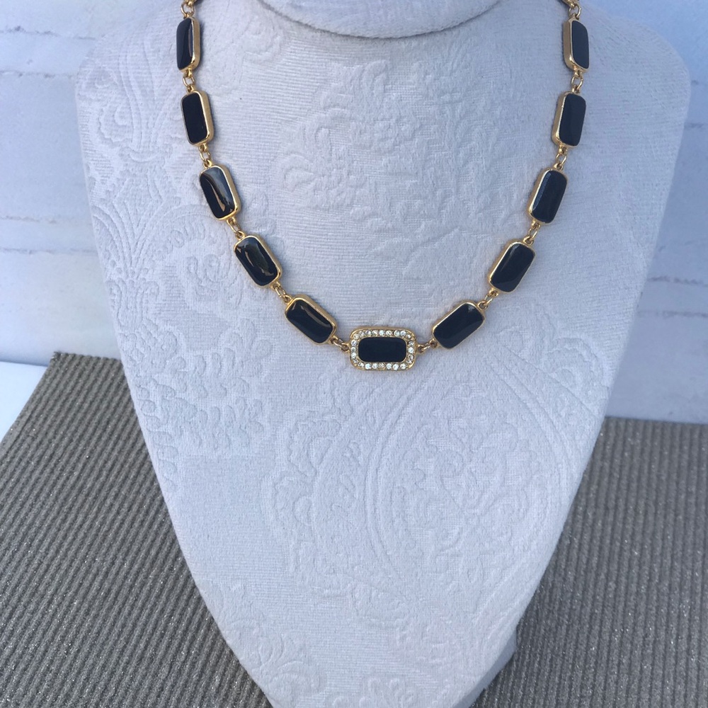 Vintage: LES BERNARD Gold tone and Black Faux Onyx necklace